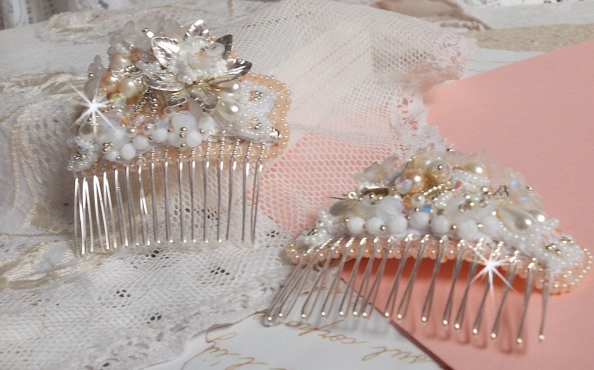 Bouquet d'un Jour hair comb (set of 2) embroidered with crystals, white Lucite flowers, silver leaf charms, various beads and seed beads