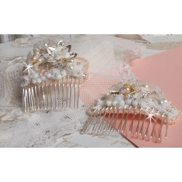 Bouquet d'un Jour hair comb (set of 2) embroidered with crystals, white Lucite flowers, silver leaf charms, various beads and seed beads