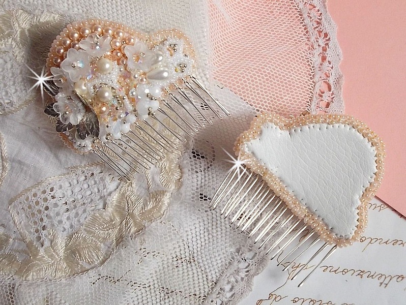 Bouquet d'un Jour hair comb (set of 2) embroidered with crystals, white Lucite flowers, silver leaf charms, various beads and seed beads