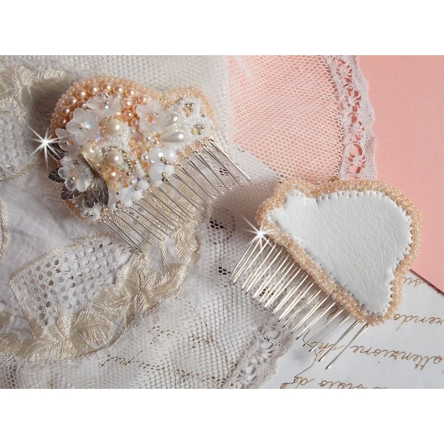 Bouquet d'un Jour hair comb (set of 2) embroidered with crystals, white Lucite flowers, silver leaf charms, various beads and seed beads