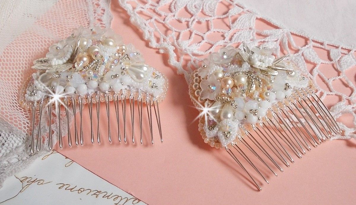 Bouquet d'un Jour hair comb (set of 2) embroidered with crystals, white Lucite flowers, silver leaf charms, various beads and seed beads