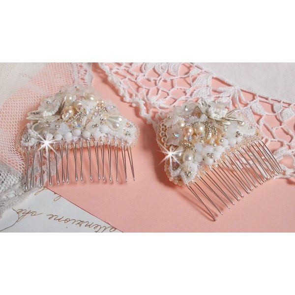 Bouquet d'un Jour hair comb (set of 2) embroidered with crystals, white Lucite flowers, silver leaf charms, various beads and seed beads