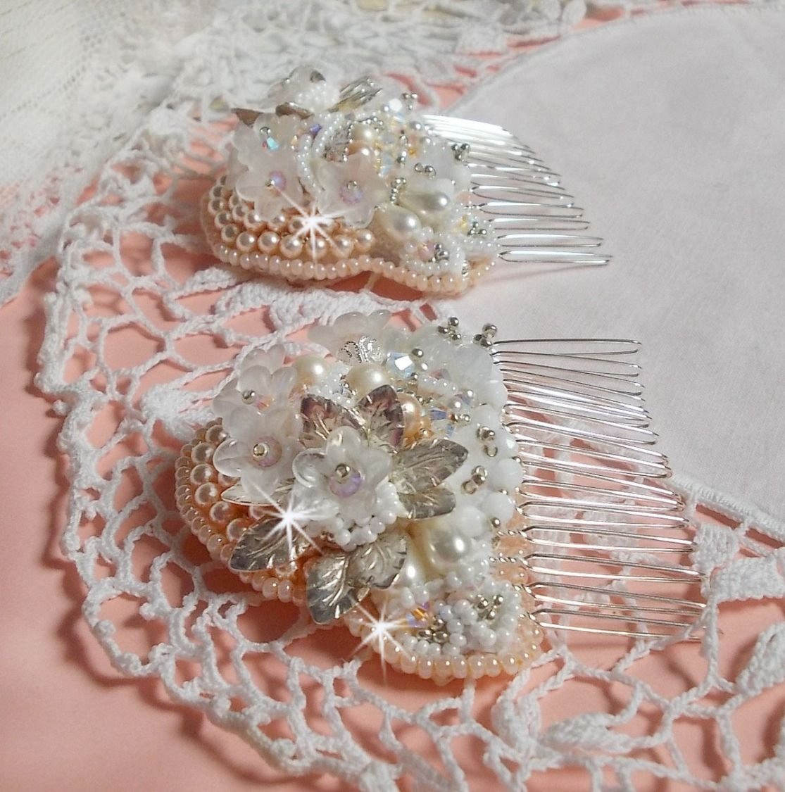 Bouquet d'un Jour hair comb (set of 2) embroidered with crystals, white Lucite flowers, silver leaf charms, various beads and seed beads