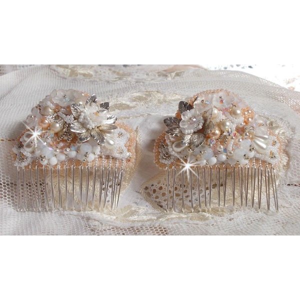 Bouquet d'un Jour hair comb (set of 2) embroidered with crystals, white Lucite flowers, silver leaf charms, various beads and seed beads