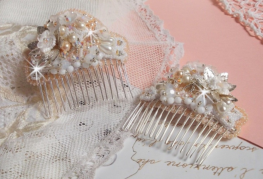 Bouquet d'un Jour hair comb (set of 2) embroidered with crystals, white Lucite flowers, silver leaf charms, various beads and seed beads