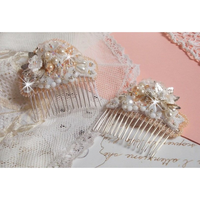 Bouquet d'un Jour hair comb (set of 2) embroidered with crystals, white Lucite flowers, silver leaf charms, various beads and seed beads