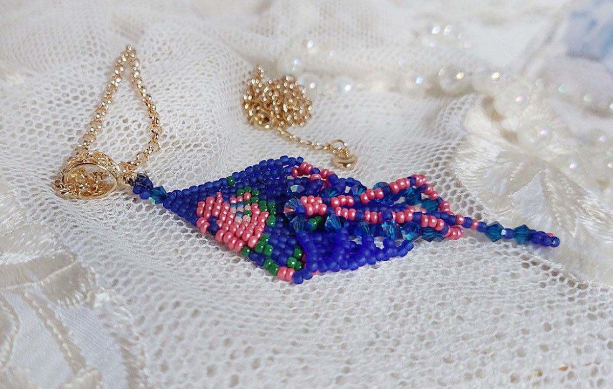 Bel'Nuit Bleue pendant created with high quality Japanese seed beads, Swarovski crystals and gold plated accessories