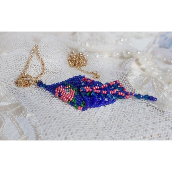 Bel'Nuit Bleue pendant created with high quality Japanese seed beads, Swarovski crystals and gold plated accessories