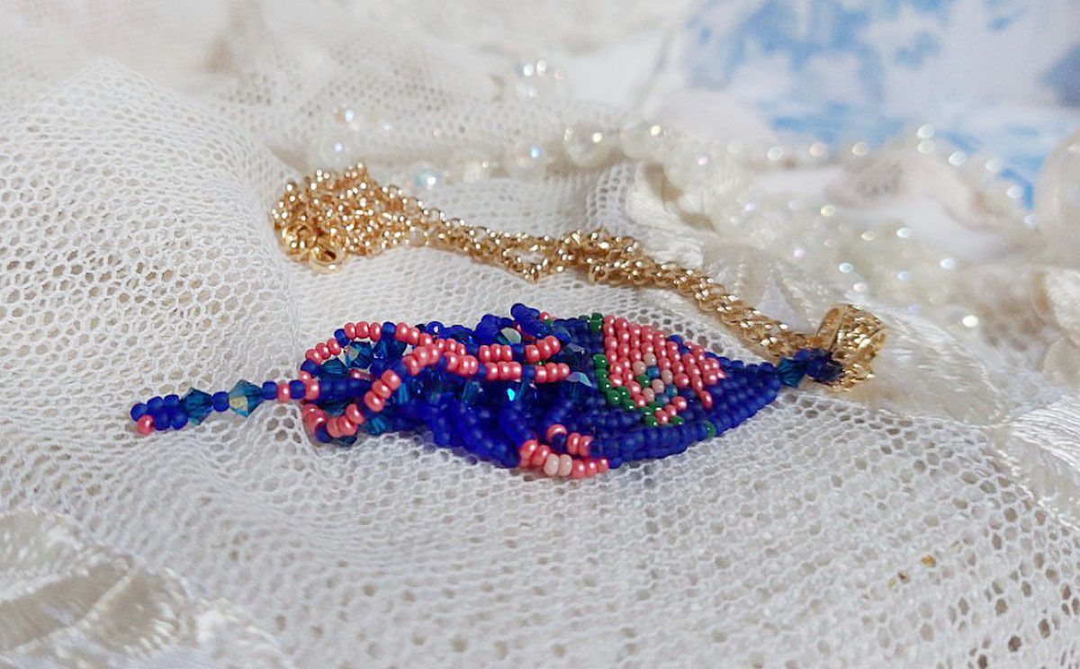 Bel'Nuit Bleue pendant created with high quality Japanese seed beads, Swarovski crystals and gold plated accessories