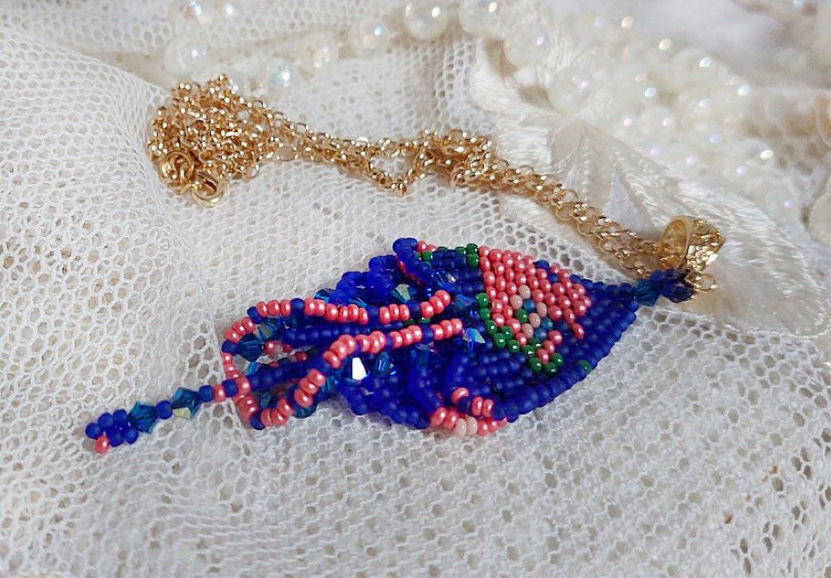 Bel'Nuit Bleue pendant created with high quality Japanese seed beads, Swarovski crystals and gold plated accessories