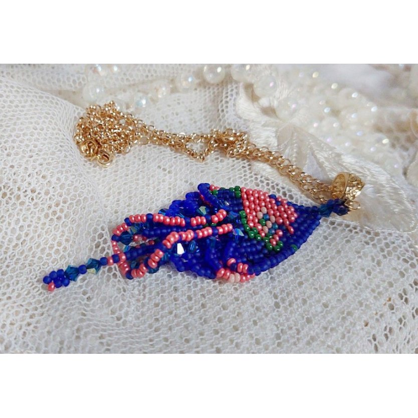 Bel'Nuit Bleue pendant created with high quality Japanese seed beads, Swarovski crystals and gold plated accessories