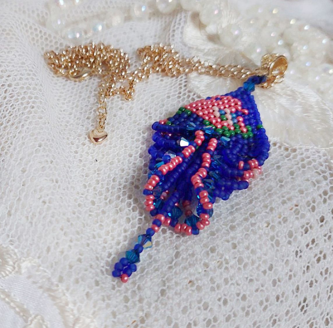 Bel'Nuit Bleue pendant created with high quality Japanese seed beads, Swarovski crystals and gold plated accessories