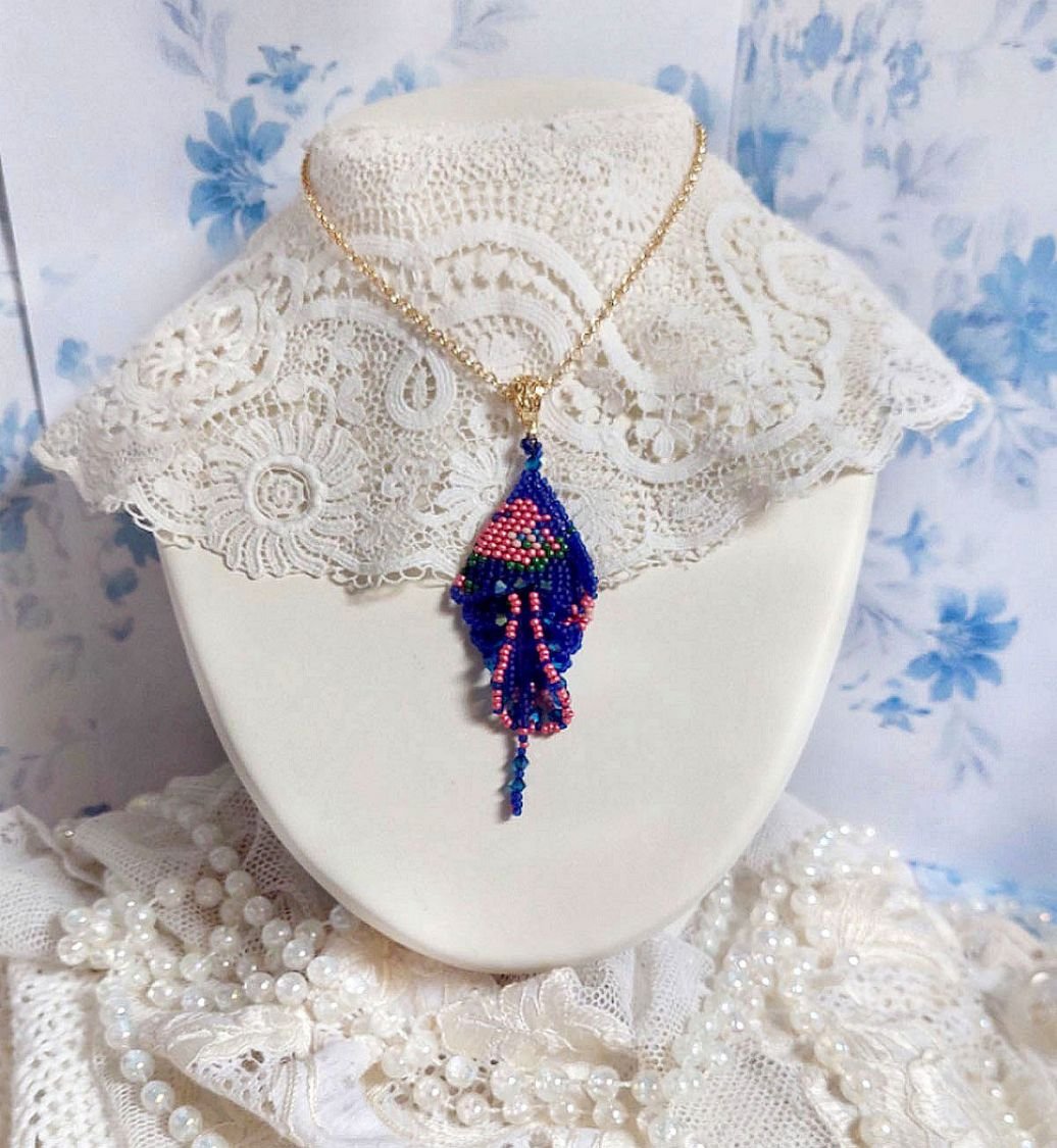 Bel'Nuit Bleue pendant created with high quality Japanese seed beads, Swarovski crystals and gold plated accessories