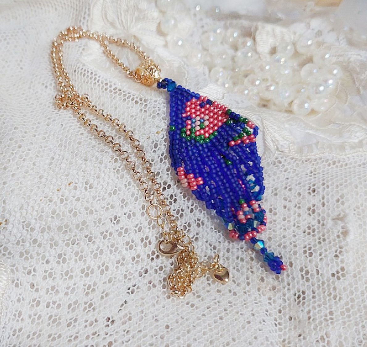 Bel'Nuit Bleue pendant created with high quality Japanese seed beads, Swarovski crystals and gold plated accessories