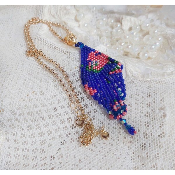 Bel'Nuit Bleue pendant created with high quality Japanese seed beads, Swarovski crystals and gold plated accessories