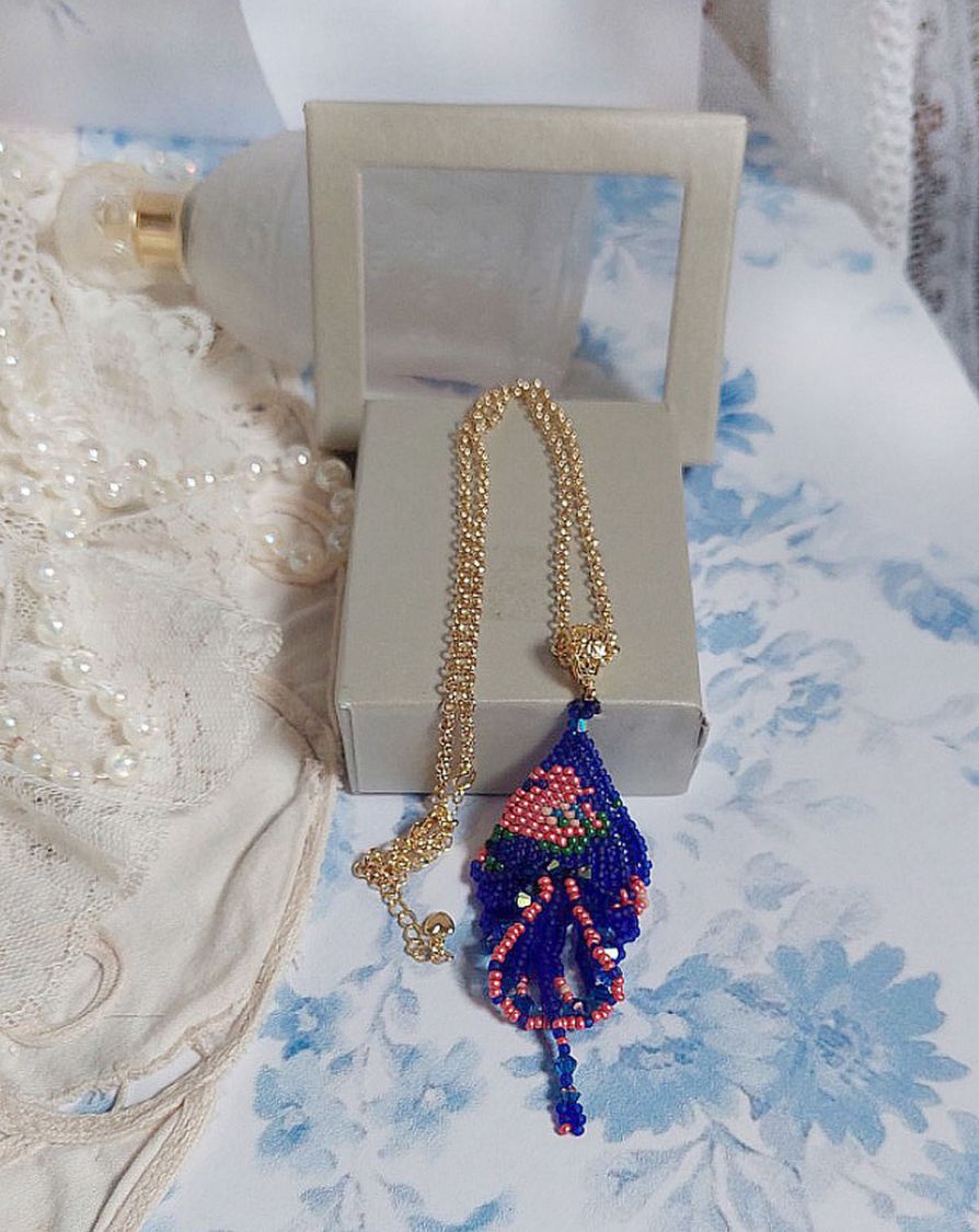 Bel'Nuit Bleue pendant created with high quality Japanese seed beads, Swarovski crystals and gold plated accessories