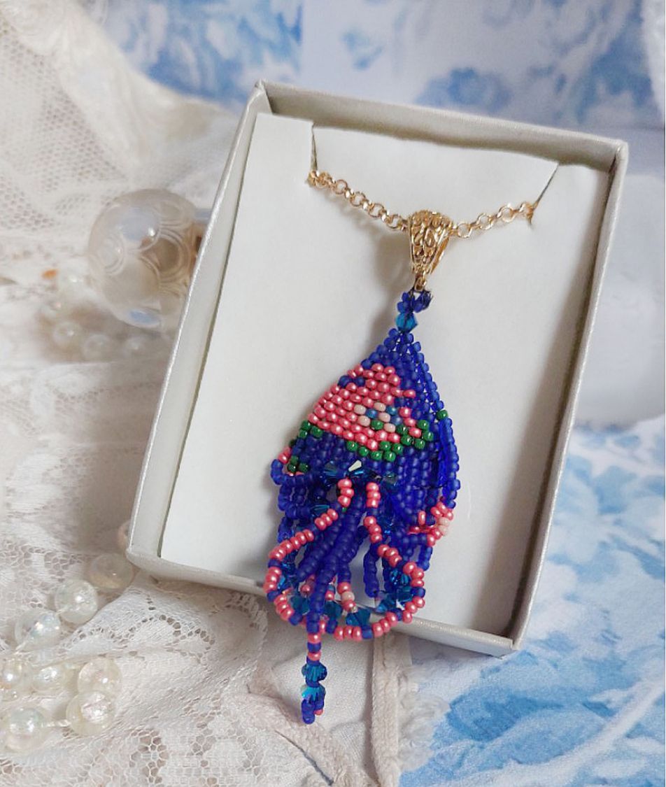 Bel'Nuit Bleue pendant created with high quality Japanese seed beads, Swarovski crystals and gold plated accessories