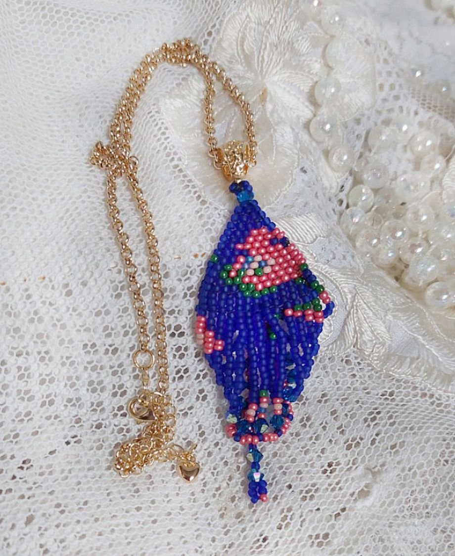 Bel'Nuit Bleue pendant created with high quality Japanese seed beads, Swarovski crystals and gold plated accessories