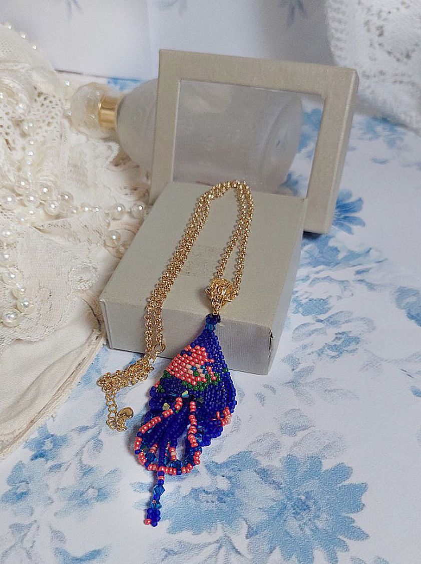 Bel'Nuit Bleue pendant created with high quality Japanese seed beads, Swarovski crystals and gold plated accessories