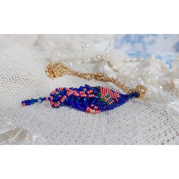 Bel'Nuit Bleue pendant created with high quality Japanese seed beads, Swarovski crystals and gold plated accessories