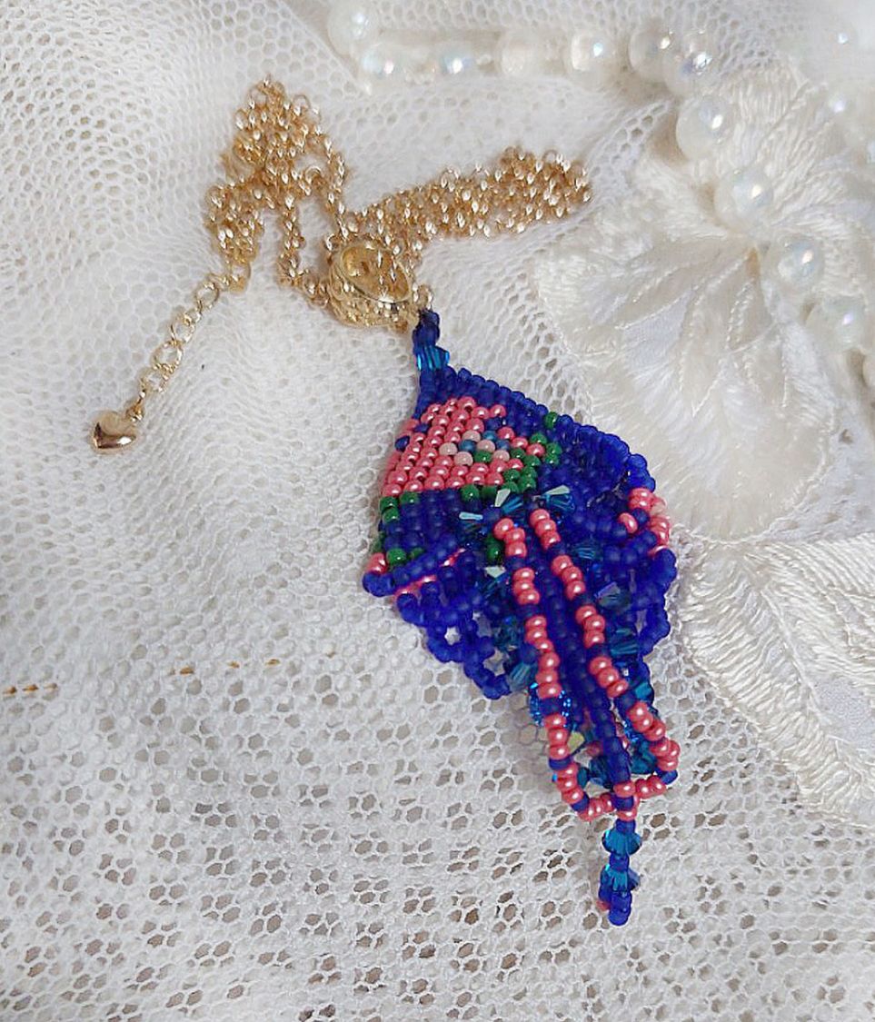 Bel'Nuit Bleue pendant created with high quality Japanese seed beads, Swarovski crystals and gold plated accessories