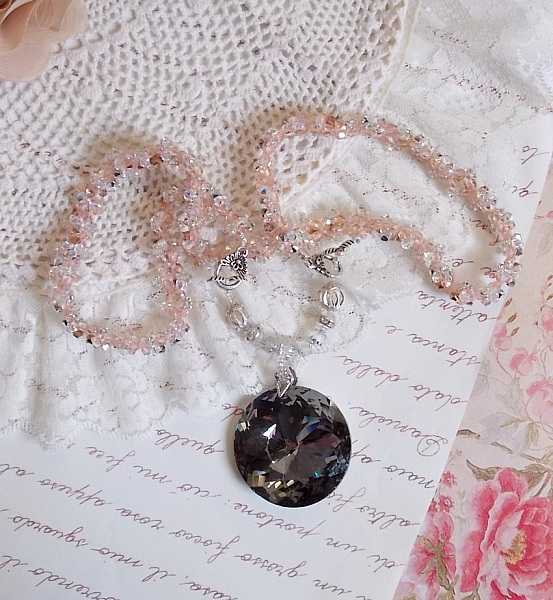 Coco pendant necklace embroidered with Swarovski crystals and a smoked crystal medallion