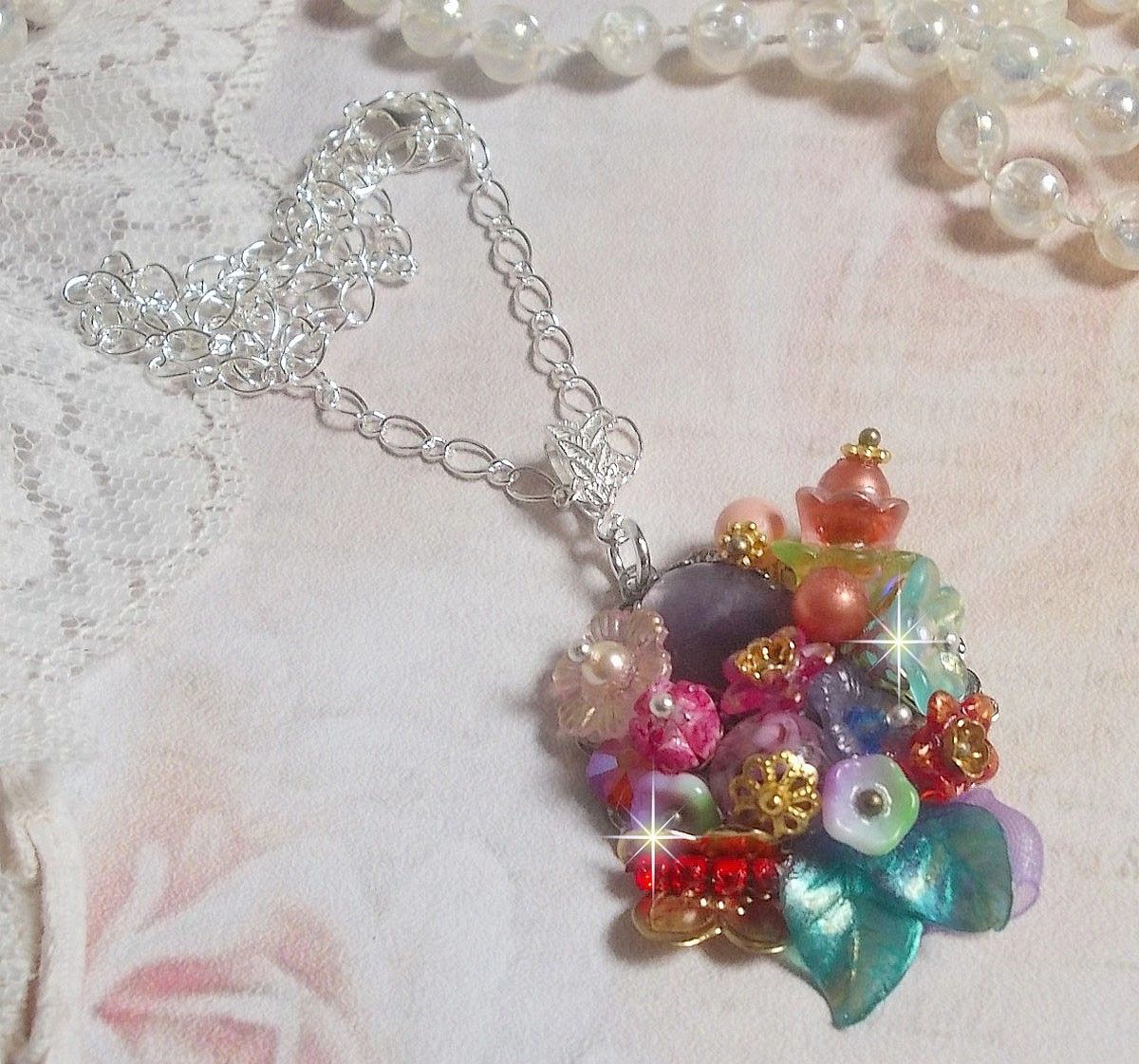 Springtime Chic Crown Pendant created with various flowers, pearls, Murano, crystals, Amethyst and others with a Silver chain