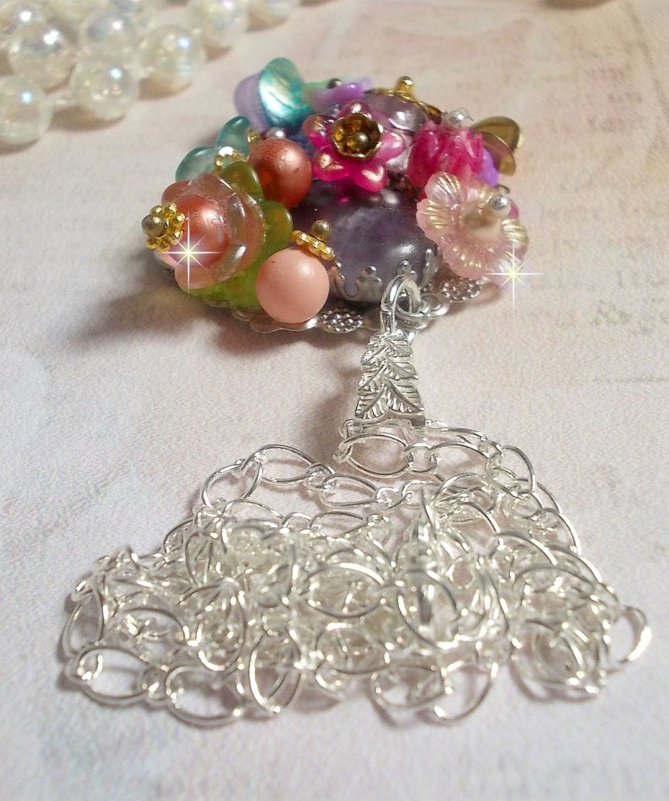 Springtime Chic Crown Pendant created with various flowers, pearls, Murano, crystals, Amethyst and others with a Silver chain