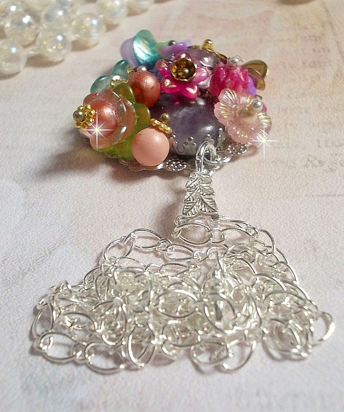 Springtime Chic Crown Pendant created with various flowers, pearls, Murano, crystals, Amethyst and others with a Silver chain