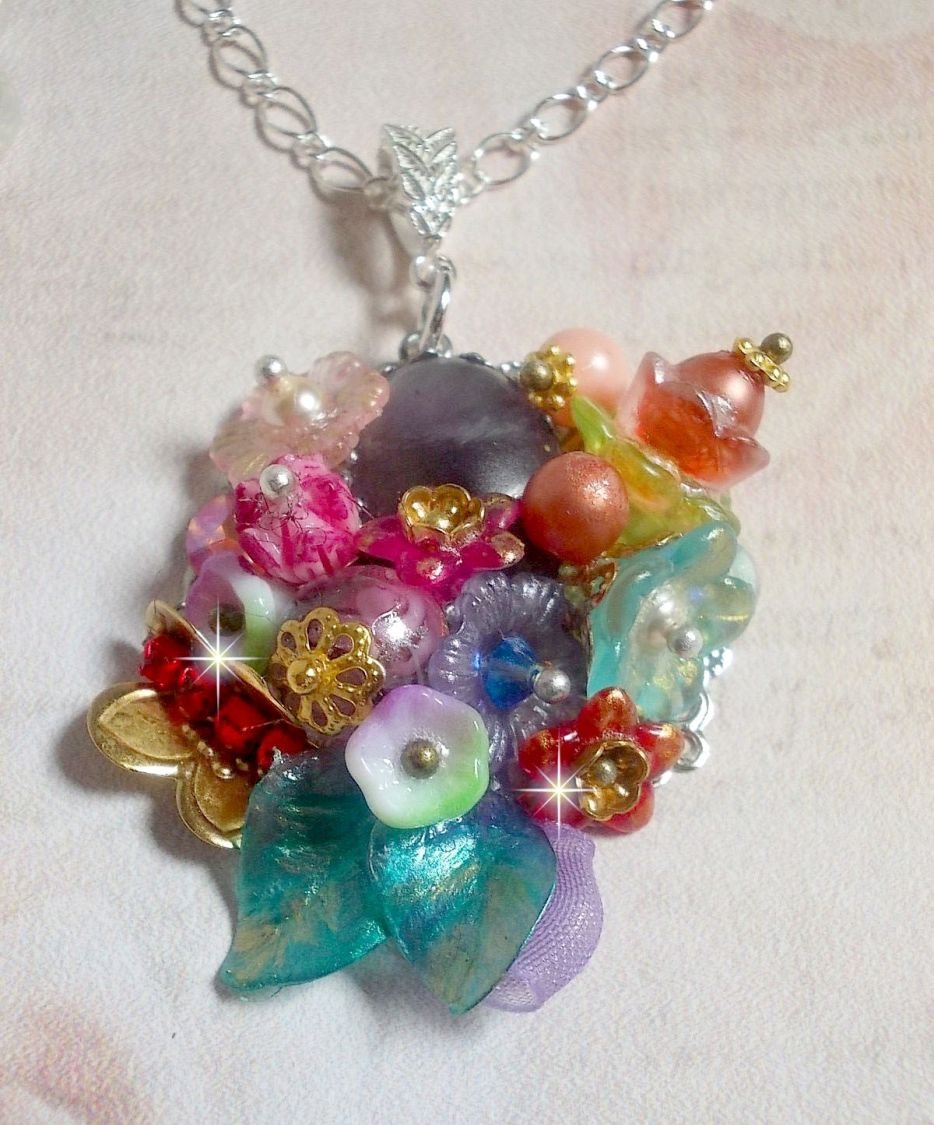 Springtime Chic Crown Pendant created with various flowers, pearls, Murano, crystals, Amethyst and others with a Silver chain