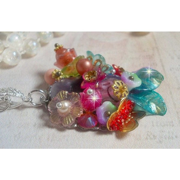 Springtime Chic Crown Pendant created with various flowers, pearls, Murano, crystals, Amethyst and others with a Silver chain