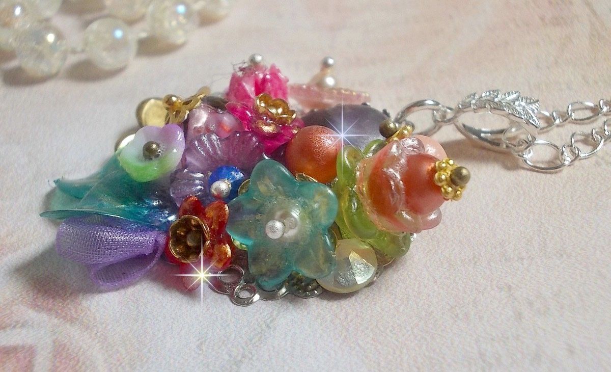 Springtime Chic Crown Pendant created with various flowers, pearls, Murano, crystals, Amethyst and others with a Silver chain