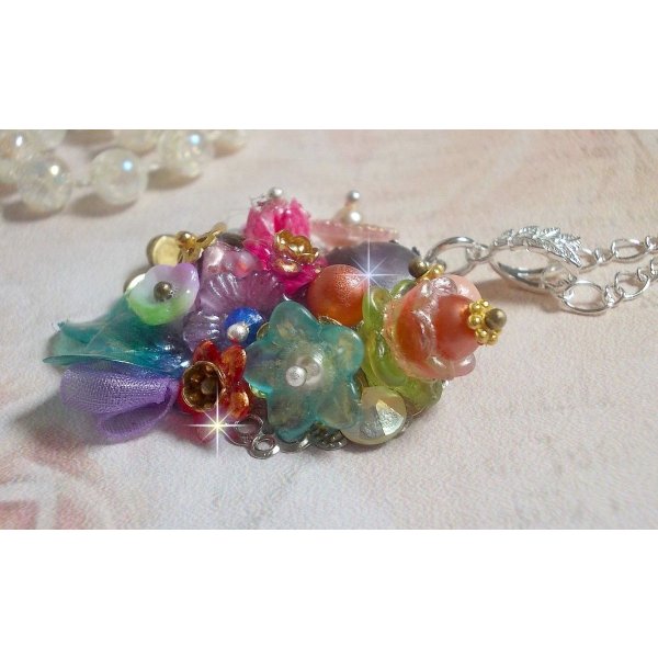 Springtime Chic Crown Pendant created with various flowers, pearls, Murano, crystals, Amethyst and others with a Silver chain