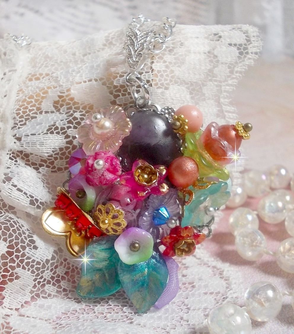 Springtime Chic Crown Pendant created with various flowers, pearls, Murano, crystals, Amethyst and others with a Silver chain