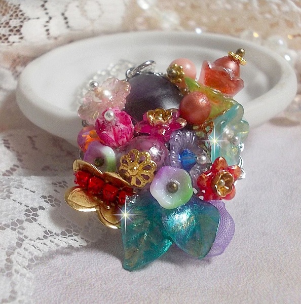 Springtime Chic Crown Pendant created with various flowers, pearls, Murano, crystals, Amethyst and others with a Silver chain