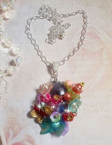 Springtime Chic Crown Pendant created with various flowers, pearls, Murano, crystals, Amethyst and others with a Silver chain
