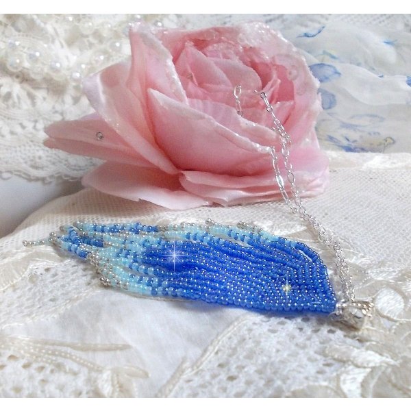 Soft Blue Dreams Pendant created with quality Sky Blue, Sapphire, Silver seed beads with 925/1000 Sterling Silver accessories