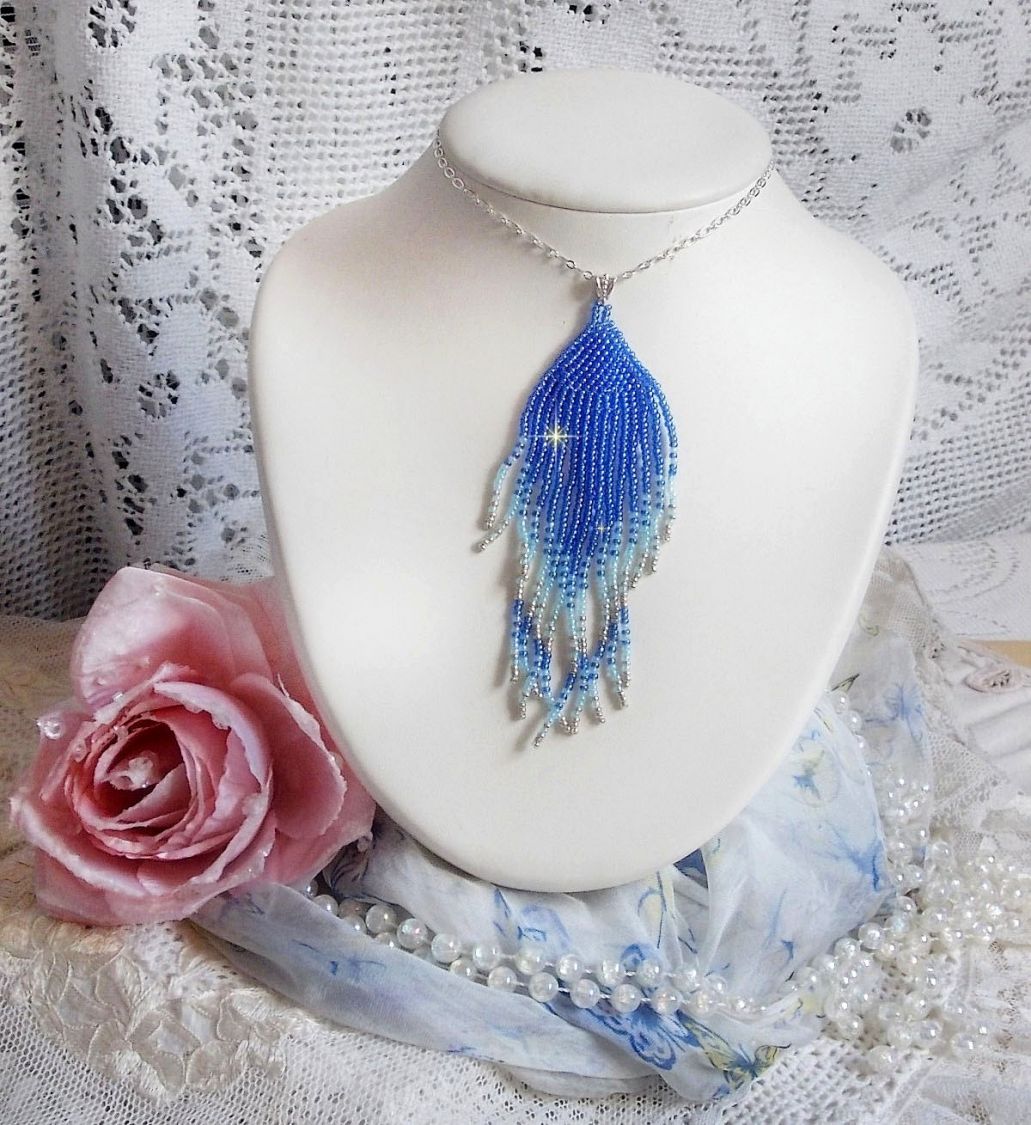 Soft Blue Dreams Pendant created with quality Sky Blue, Sapphire, Silver seed beads with 925/1000 Sterling Silver accessories