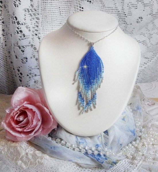 Soft Blue Dreams Pendant created with quality Sky Blue, Sapphire, Silver seed beads with 925/1000 Sterling Silver accessories