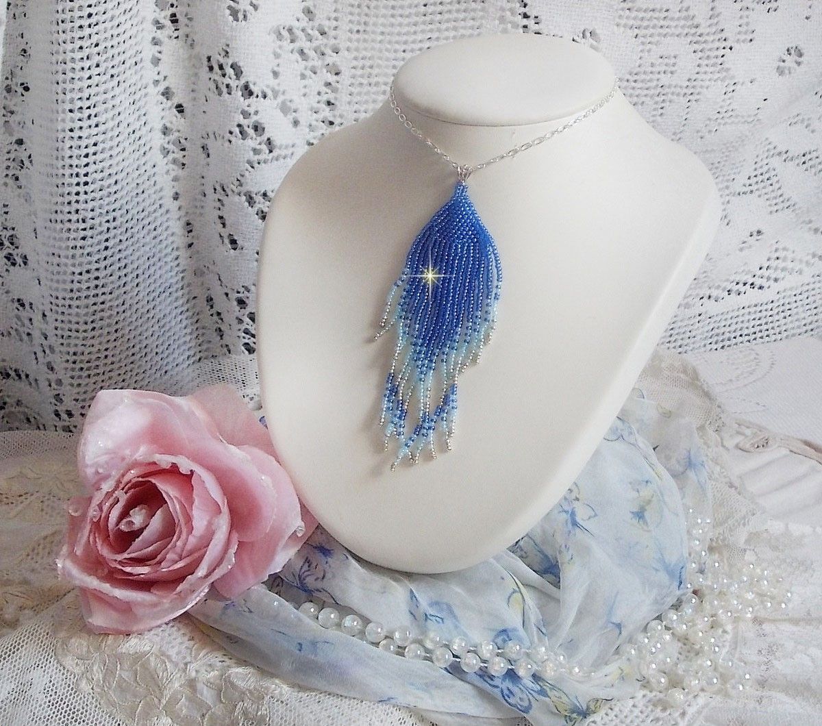 Soft Blue Dreams Pendant created with quality Sky Blue, Sapphire, Silver seed beads with 925/1000 Sterling Silver accessories