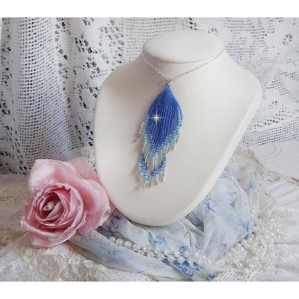 Soft Blue Dreams Pendant created with quality Sky Blue, Sapphire, Silver seed beads with 925/1000 Sterling Silver accessories