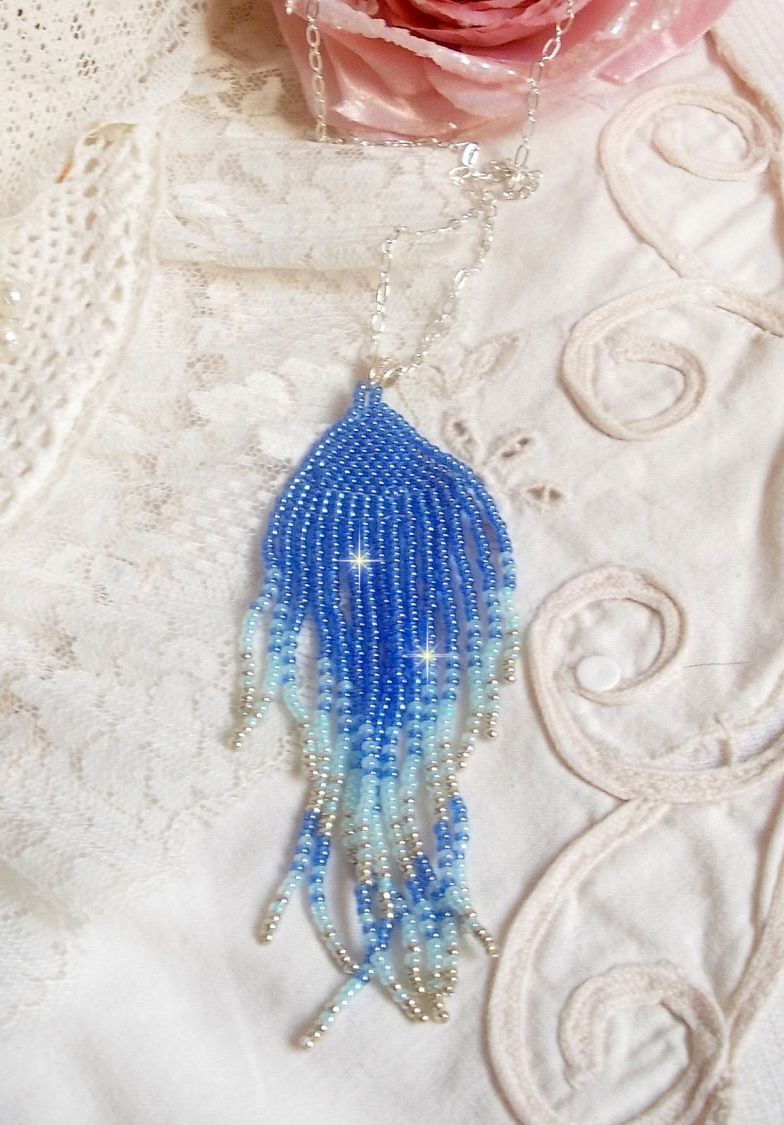 Soft Blue Dreams Pendant created with quality Sky Blue, Sapphire, Silver seed beads with 925/1000 Sterling Silver accessories