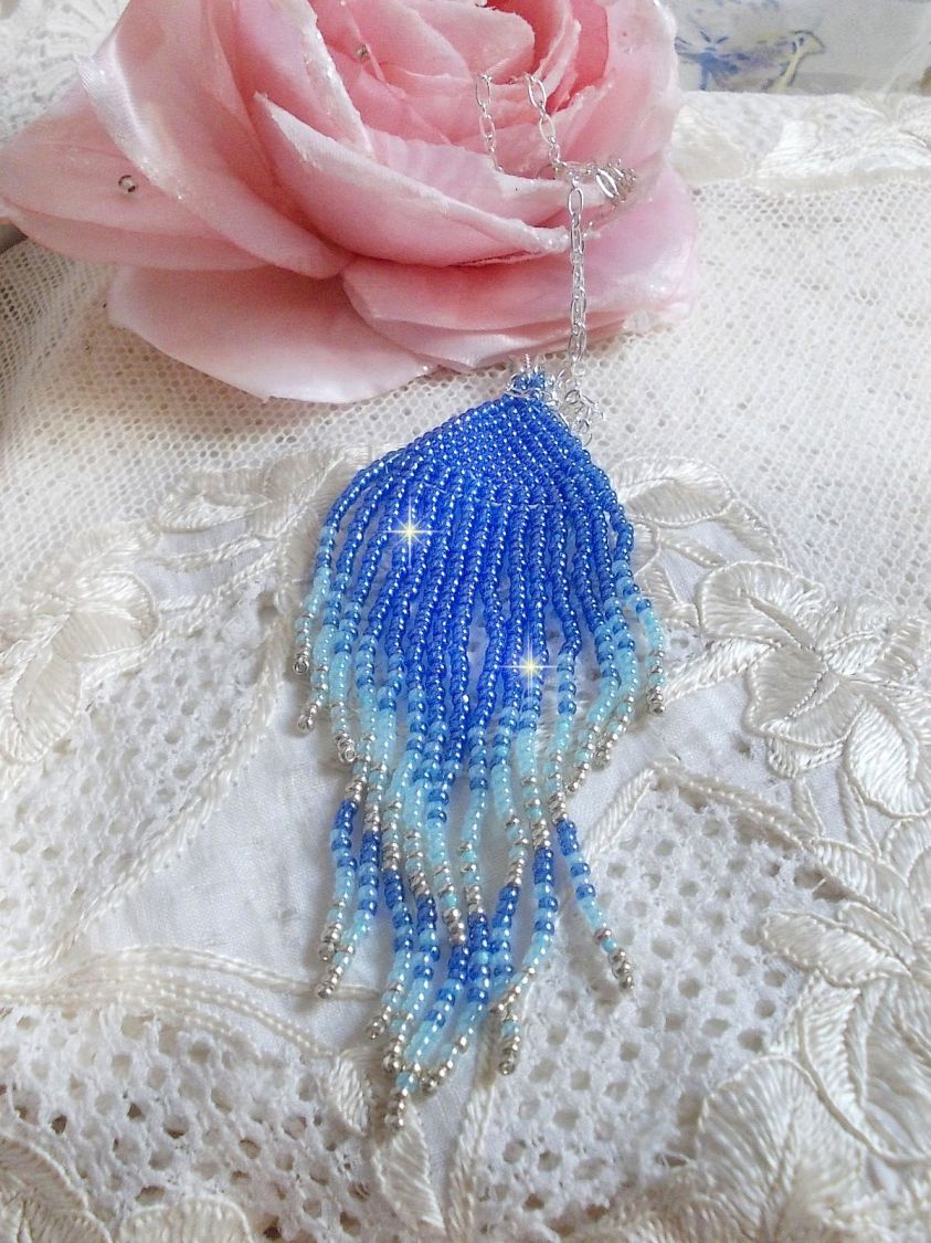 Soft Blue Dreams Pendant created with quality Sky Blue, Sapphire, Silver seed beads with 925/1000 Sterling Silver accessories