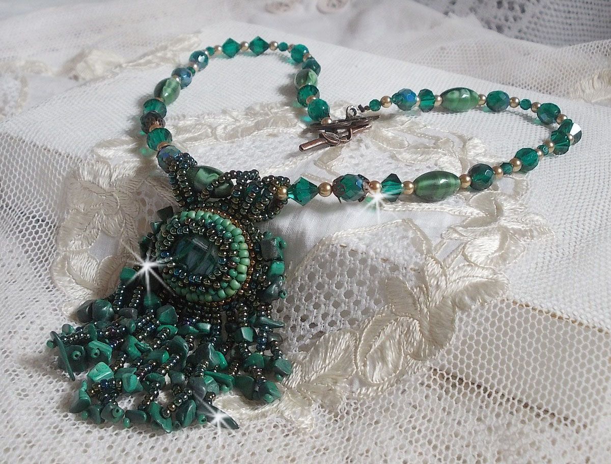 Emerald Green Pendant embroidered with Natural Malachite cabochon and chips, crystals, facets and seed beads