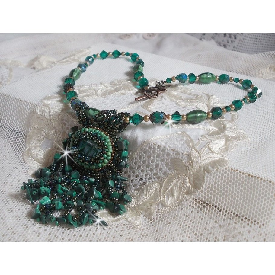 Emerald Green Pendant embroidered with Natural Malachite cabochon and chips, crystals, facets and seed beads