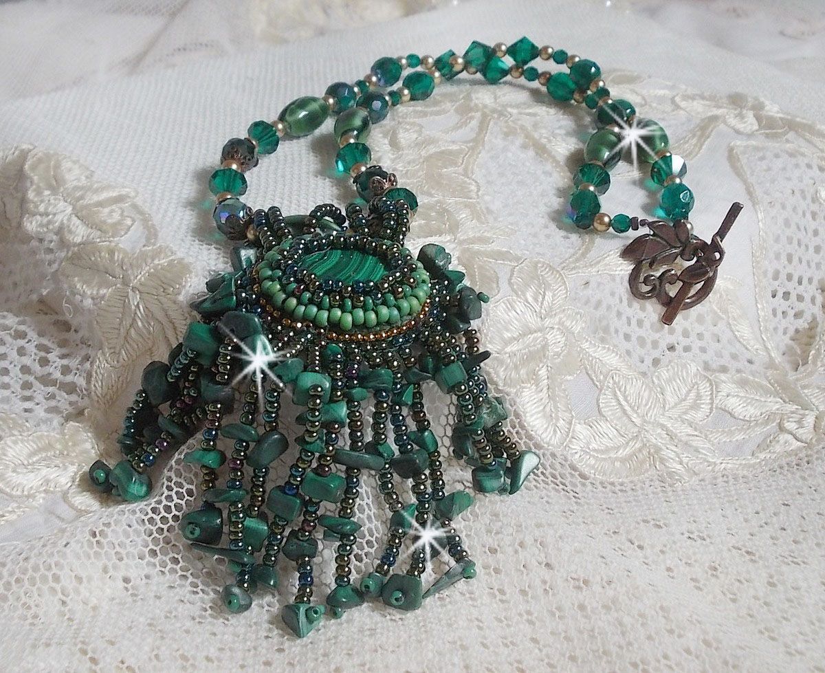 Emerald Green Pendant embroidered with Natural Malachite cabochon and chips, crystals, facets and seed beads