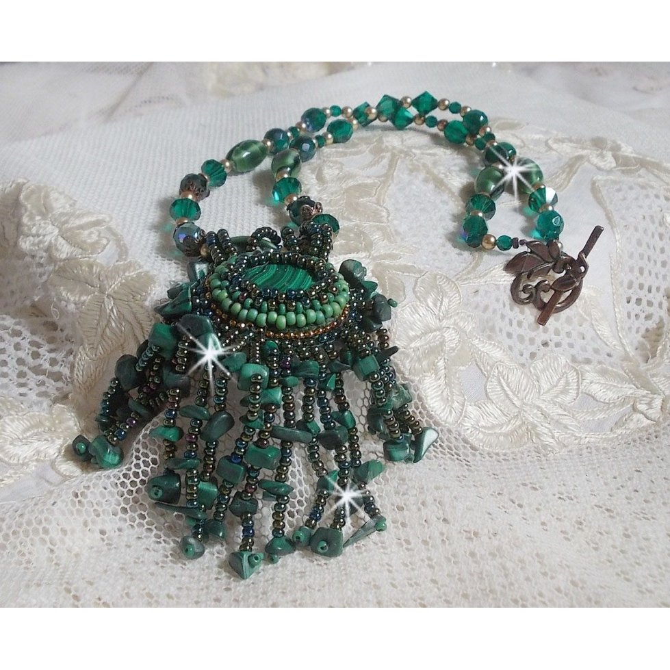 Emerald Green Pendant embroidered with Natural Malachite cabochon and chips, crystals, facets and seed beads