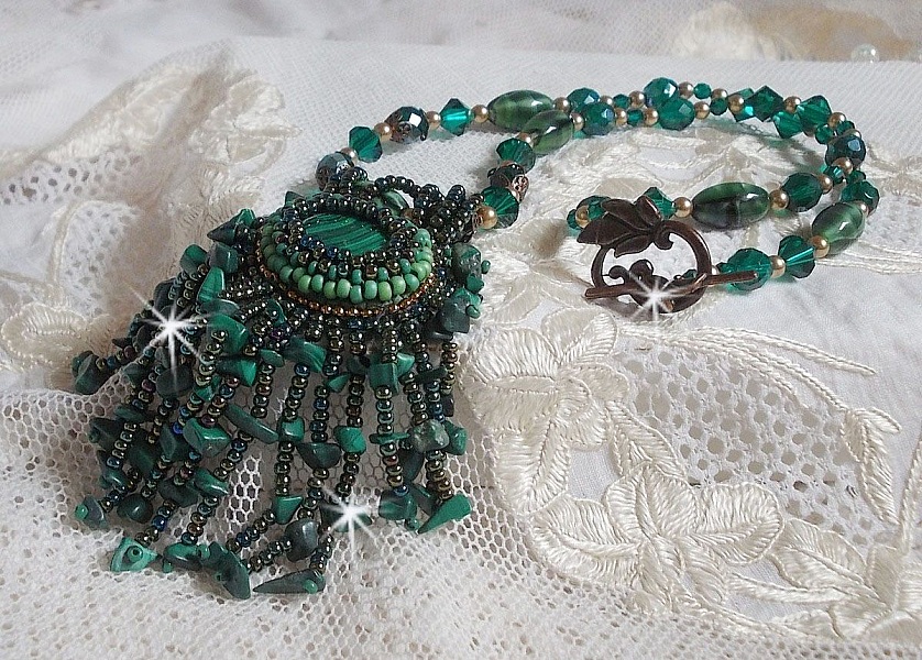 Emerald Green Pendant embroidered with Natural Malachite cabochon and chips, crystals, facets and seed beads