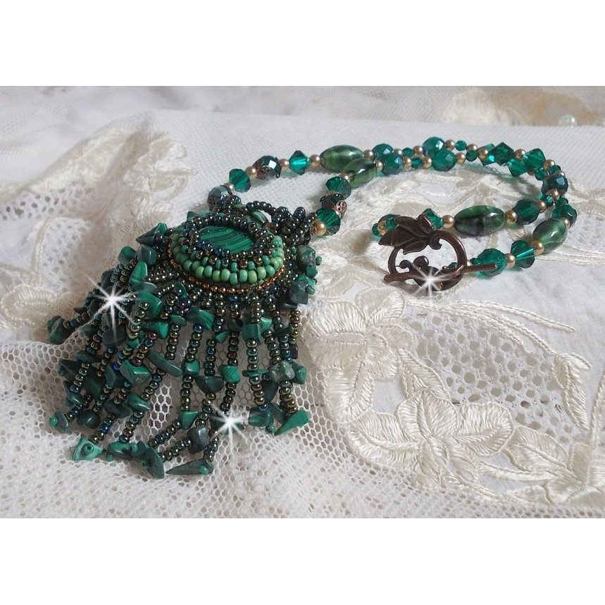 Emerald Green Pendant embroidered with Natural Malachite cabochon and chips, crystals, facets and seed beads