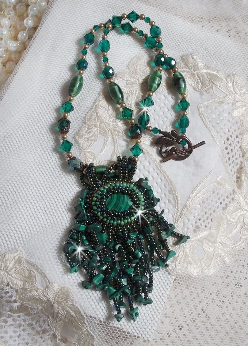 Emerald Green Pendant embroidered with Natural Malachite cabochon and chips, crystals, facets and seed beads